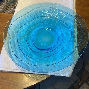 Vintage art  glass centerpiece bowl. 13.5 inches across 2.5 high. Applied thread